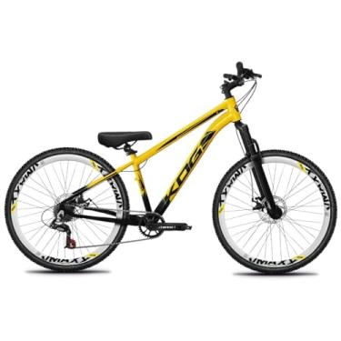 Imagem de Bicicleta Aro 26 KOG 1x7 Freeride – Bike para Grau, Freeride Urbano, Suspensão 80mm, Freios a Disco, 7 Velocidades, Preto Amarelo Vulcão, Adesivo Preto,Vmaxx Branco