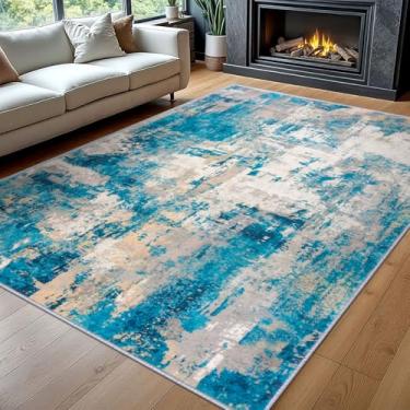Imagem de KOZYFLY Tapetes abstratos modernos 20 x 25 cm turquesa/bege lavável à máquina para quarto, tapete antiderrapante para sala de estar, tapete de escritório macio de lã sintética para sala de jantar