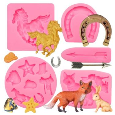 Imagem de Moldes de silicone para cavalos Moldes de fondant ocidentais para decoração de bolos raposa, flecha, designs de ferradura, fondant de 5 peças