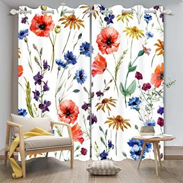 Imagem de Cortinas de janela de flores coloridas flores silvestres rurais camomila centáureas margaridas ilustração do campo isolamento térmico ilhós blackout cortinas de janela para decoração de cozinha café