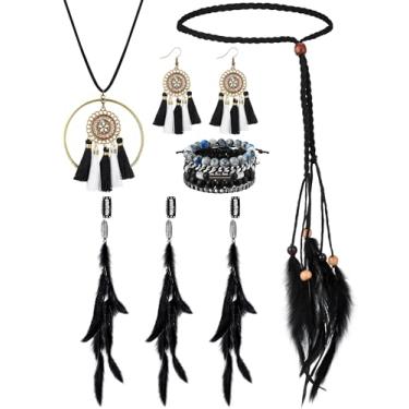 Imagem de Geyoga Conjunto de 7 peças de prendedor de cabelo de penas e faixa de cabelo com clipe de pente colares com pingente de colar boêmio cigano gota da ngle brincos de contas tribal pulseira fantasia,