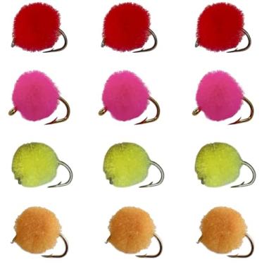 Imagem de Feeder Creek Moscas de truta para pesca com mosca - ovos de truta e salmão no tamanho 12 - cor sólida - uma dúzia de moscas molhadas para truta, robalo, panfish e outros peixes de água doce,