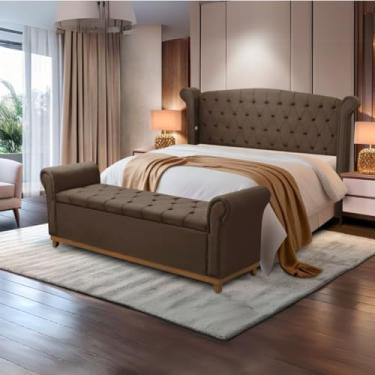 Imagem de Kit Cabeceira e Baú Grécia, Veludo Bege, Estilo Capitonê, 178x140cm, com Revestimento em Veludo e Espuma PRO 30 (Marrom)
