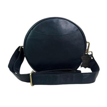 Imagem de Madosh Bolsa tiracolo redonda elegante para mulheres – Pequena bolsa circular de couro genuíno com alça ajustável ombro lateral preta bolsa moderna