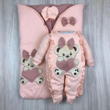 Imagem de Saída maternidade bebê menina com saco de dormir bodado ursa coração m
