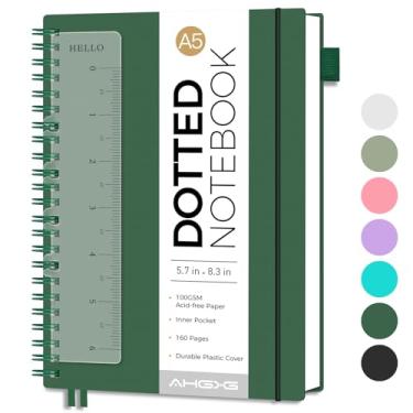Imagem de AHGXG Caderno com pontos em espiral A5, 160 páginas, papel grosso de 100 g/m2, diário de capa de plástico impermeável para diário de balas, esboços, 14,5 cm x 21 cm, verde