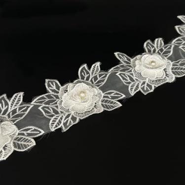 Imagem de 1 jarda flores com acabamento de renda flores com contas brancas de pérola bordada, tecido com apliques florais fita de renda para casamento, vestido de noiva, decoração de roupas, faça você mesmo