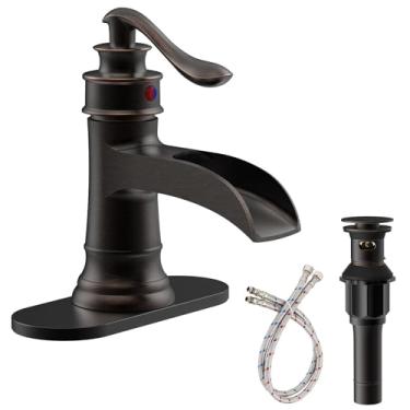 Imagem de Torneira de banheiro cachoeira pia bronze polido a óleo com batente de drenagem pop up torneiras furo único vaidade rústica vaidade estouro uma alça banho preto conjunto comercial sem chumbo por