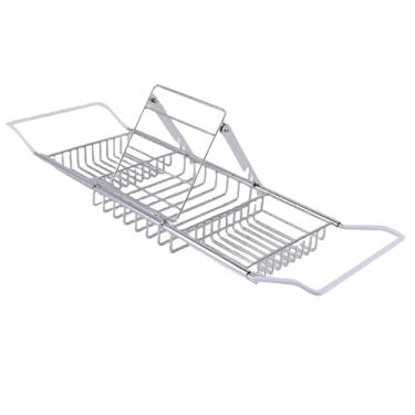 Imagem de Pssopp Bandeja de Bandeja de Chuveiro de Aço Inoxidável Expansível, Estrutura Estável Estética Elegante sobre a Banheira Com Suporte de Telefone para Shampoo de Sabão (SILVER)