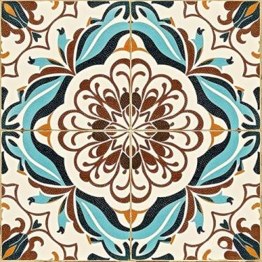 Imagem de HOMETITUTE 10 peças 12 x 12 polegadas medalhão floral azul-petróleo marrom azulejo adesivos adesivos removíveis para piso de vinil DIY para cozinha, banheiro, sala de estar, entrada, decoração de casa