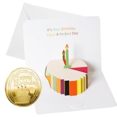 Imagem de OULIGET Cartão de felicitações pop-up 3D de feliz aniversário com envelopes, moeda banhada a ouro da sorte, presente de feliz aniversário, lembrança, medalha, felicidade, bolo, surpresa, desenhado,
