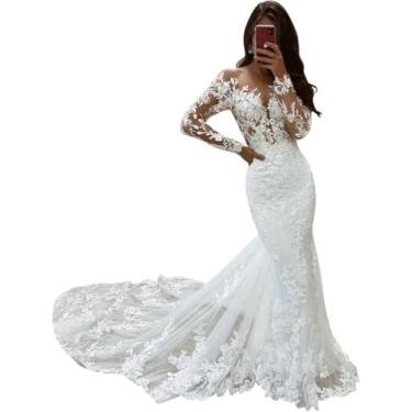 Imagem de Vestido De Noiva Sereia De Manga Comprida Vestidos De Noiva De Escritório Civil Vestidos De Noiva De Tule Com Trem, Ivory, 56