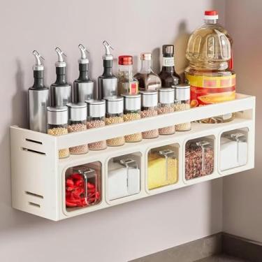 Imagem de Organizador De Prateleira De Especiarias Montado Na Parede Prateleira De Especiarias De Cozinha Para Tempero De Bancada Caixa Recipientes Com Alça Para Ervas Sal Açúcar, White, With 5 spice box