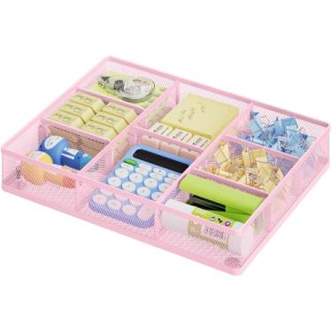 Imagem de Marbrasse Organizador de gaveta de mesa rosa, bandeja organizadora de gaveta de malha de metal com 5 compartimentos ajustáveis, organizadores de mesa e acessórios para casa, escritório, cozinha