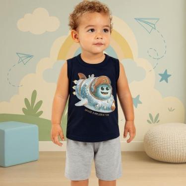 Imagem de Conjunto Infantil Masculino Regata Vermelha Astronauta e Bermuda Azul-
