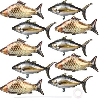Imagem de 10 balões de peixe realistas infláveis de carpa de atum balões de folha de pesca simulados com fita para decoração de festa temática de pesca suprimentos (84 cm, 68 cm)