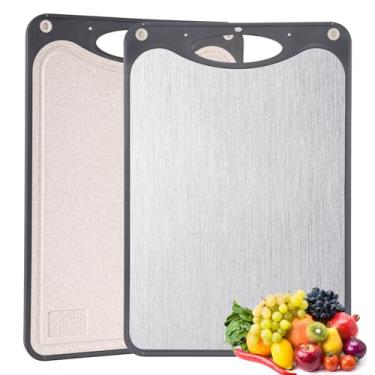 Imagem de JFDHGOI Tábua de corte de titânio, tábua de cortar dupla face, titânio de grau alimentício e palha de trigo PP, tamanho grande 38 cm × 25 cm e fácil de limpar, cinza escuro
