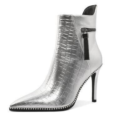 Imagem de Soireelady Botas femininas de salto alto, bico fino, botas de salto alto, botas curtas com contas, zíper lateral, 10 cm, Prata, 36