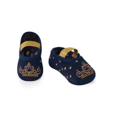 Imagem de Meia Bebê Menina Puket Sapatilha Antiderrapante Coroa Azul Marinho 15 