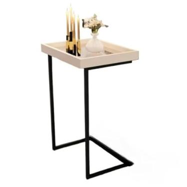 Imagem de Mesa lateral de sofá de luxo branco pérola(Pé Preto)
