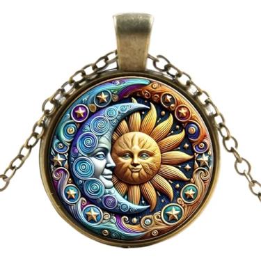 Imagem de 1 colar com pingente redondo deslumbrante - padrão exclusivo de sol e lua, mosaico de vidro estilo pintura a óleo, estrutura de liga, corrente de suéter moderno, presente moderno para mulheres