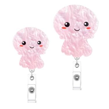 Imagem de Pacote com 2 porta-crachás retráteis – Carretéis de identificação com design de animal/frutas para enfermeiros, escritório, clipe de cordão de conferência extensão de 61 cm (água-viva)