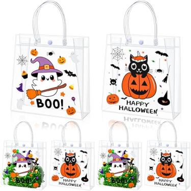 Imagem de Motipuns 24 sacos de presente de plástico transparente de Halloween com alças, pequenos sacos reutilizáveis de festa de abóbora de PVC a granel, sacola preta laranja para doces ou travessuras de