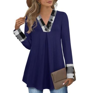 Imagem de Camisa feminina Messic de manga comprida com decote em V azul sodalita