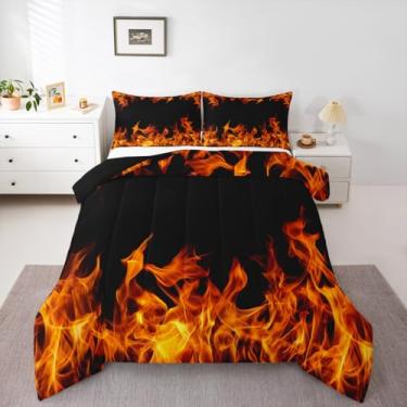 Imagem de Conjunto de edredom de chamas descoladas, tamanho Queen, moderno, chique, 3 peças, para decoração de quarto de crianças, adolescentes e adultos, arte abstrata, conjunto de edredom acolchoado com fogo
