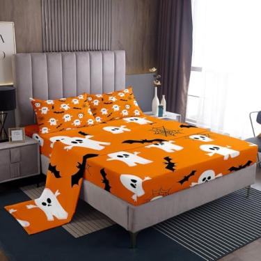 Imagem de Feelyou Jogo de lençol casal Happy Halloween para crianças, meninos, meninas, fantasma, branco e laranja, com bolsos profundos de 40,6 cm, teia de aranha, 4 peças com 2 fronhas