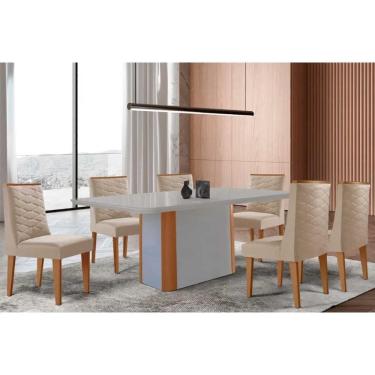 Imagem de Conjunto Sala de Jantar Pietá c/ Tampo Madeirado c/ Vidro Canto Curvo 180x90cm e 6 Cadeiras Maldivas Madeira Maciça Naturale/Off White - Capuccino/Sue
