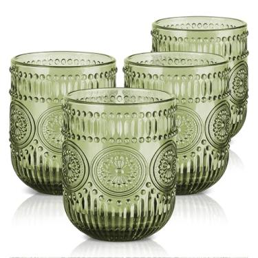 Imagem de Joeyan Conjunto de copos vintage de 140 ml de girassol verde em relevo pequenos copos de vidro de água, copos coloridos com contas românticas para bebidas, suco de vinho, lavável na lava-louças