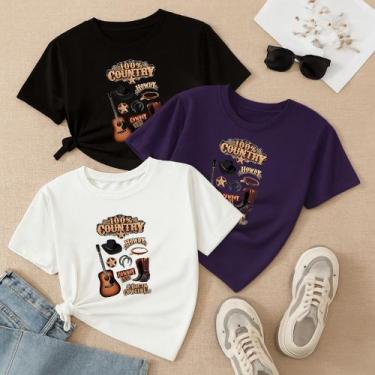 Imagem de Kit com 3 Camisetas Femininas Estampadas 100% Country Conjunto Lindo M