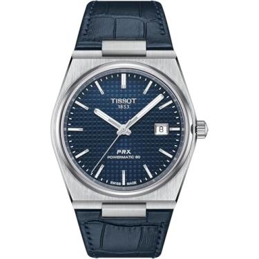 Imagem de Tissot Relógio masculino PRX Powermatic 80 caixa de aço inoxidável 316L automático, azul, couro, 12 (T1374071604100), Azul, Casual