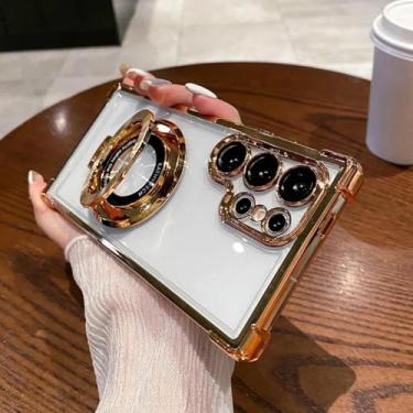 Imagem de HJZSZX Para Samsung S23Ultra Luxury Magnetic Plating Stand à prova de choque Clear Case Acrylic Back Cover (para Samsung S23Ultra/Gold)