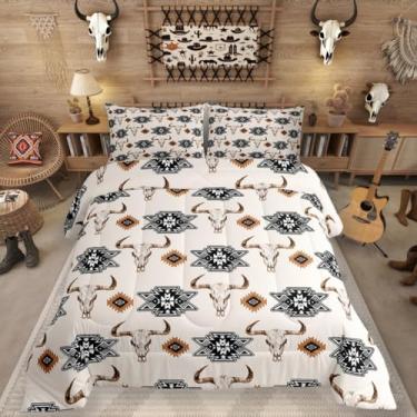 Imagem de Erosebridal Conjunto de cama Boho Western, tamanho casal, asteca, nativo, caveira, boêmia do sudoeste, vaca do sudoeste, para crianças e adultos, edredom geométrico tribal de caveira longhorn