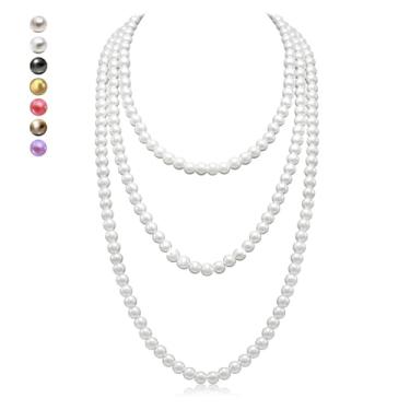 Imagem de richhut Colar feminino de pérolas longas - pérolas cultivadas naturais - pérolas luxuosas de fio de 8 mm - elegância atemporal dos anos 1920 - ótimo para esposas, namoradas, irmãs e melhores amigas