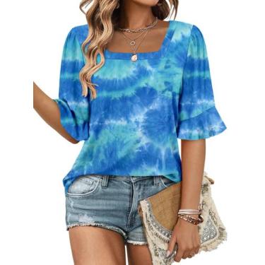 Imagem de Blusa feminina ROSELINLIN, manga 3/4, estampa floral, azul, verde