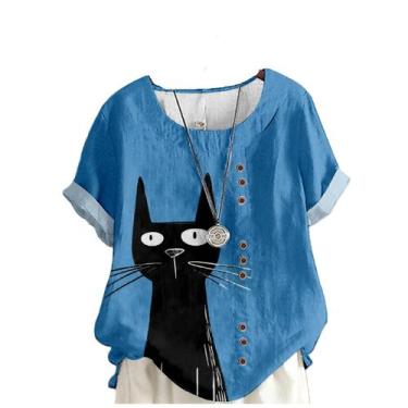 Imagem de Top domirica de algodão folgado com estampa de gato plus size azul par