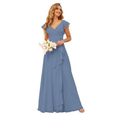 Imagem de Vestido de dama de honra TIRAS Ruffles Chiffon com decote em V, aço, a