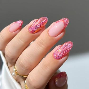 Imagem de RUOKEXIN Unhas postiças com ponta francesa de amêndoa, unhas postiças rosa com designs de concha 3D, unhas artificiais brilhantes, cola acrílica, prensa fofa em unhas, 24 peças