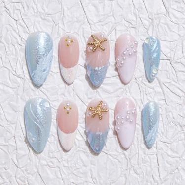 Imagem de Unhas de amêndoa médias feitas à mão com cola, unhas postiças do oceano azul com glitter com design floral 3D, unhas francesas, unhas postiças rosa nude, unhas postiças de gel multicamadas para