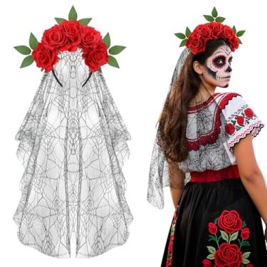 Imagem de Bigmeta Day of the Dead Crown Headband for Women - Mexican Rose & Veil Headpiece for Dia De Los Muertos Halloween Cosplay Party Costume Accessories