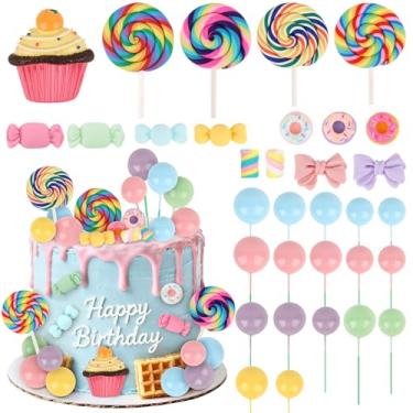 Imagem de Hooqict 33Pcs Candy Cake Decorations with Lollipop Cupcake Donut Candy Cake Topper for Kids Girls Candyland Christmas Party Decorations Colorful Sweet Birthday Party Supplies