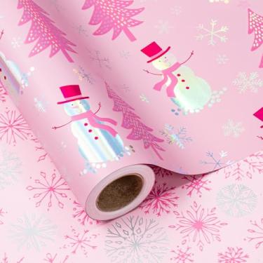 Imagem de LeZakaa Rolo jumbo de papel de embrulho rosa de Natal, árvore de Natal de boneco de neve e folha metálica de floco de neve, design reversível de folha de ouro rosa para férias festivas de inverno