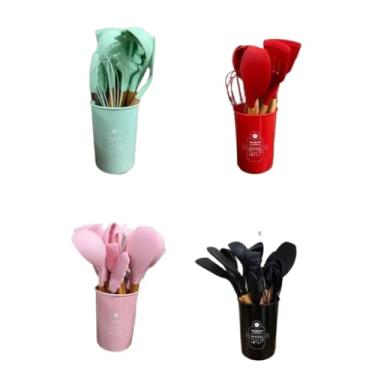 Imagem de Colher De Silicone Com Cabo De Bambu - Kit 12 PeçAs UtensíLios Naturais | NãO Risca Panelas | Presente Para Chá De Panela(Cor Aleatória)