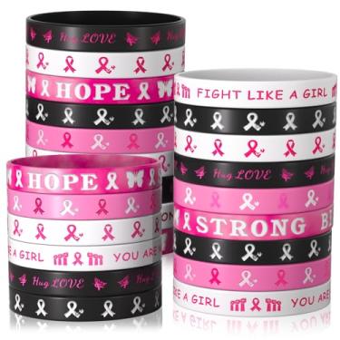 Imagem de ANPUNAT 24 pulseiras de silicone com fita rosa para conscientização do câncer de mama, suporte à fé, esperança, força, pulseira de silicone para mulheres, designs de câncer de mama, eventos, artigos