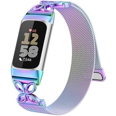 Imagem de GEAK Pulseira de metal compatível com Fitbit Charge 5/Charge 6 para mulheres, pulseira de metal de malha milanesa de substituição com lindo design floral para relógio Fitbit Charge 6/Charge 5