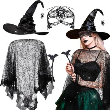 Imagem de LaVenty Halloween Witch Dress Up Cobweb Cape Witch Magic Hat Bat Wand Set for Halloween witch Party