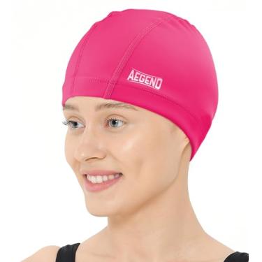 Imagem de Aegend Touca de natação de tecido, camada impermeável de silicone - touca de natação de tecido respirável, mantém o cabelo seco com alta elasticidade para adultos, 3 tamanhos para escolher (rosa